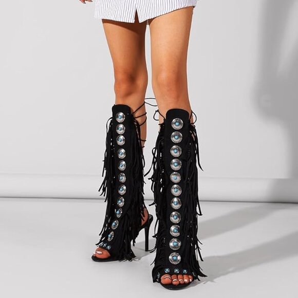 Women Open Toe Stiletto Suede Fringe Boots Lace up Strappy Peep Toe High Sandal - Picture 2 of 4